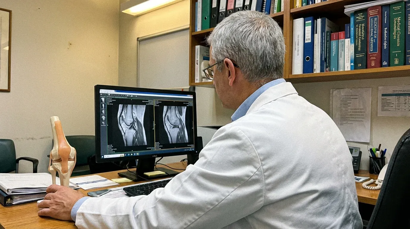 A doctor in a white lab coat is seated at a desk, viewed from behind, looking at a computer monitor displaying MRI images of a knee. A skeletal model of a knee joint sits on the desk next to a stack of papers and a mouse.