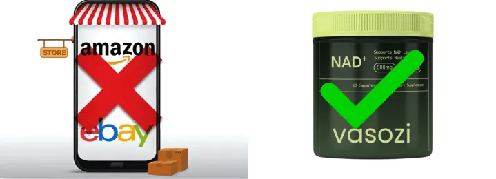 Scarcity graphic showing Amazon and eBay logos crossed out, with the Vasozi NAD+ bottle marked with a checkmark