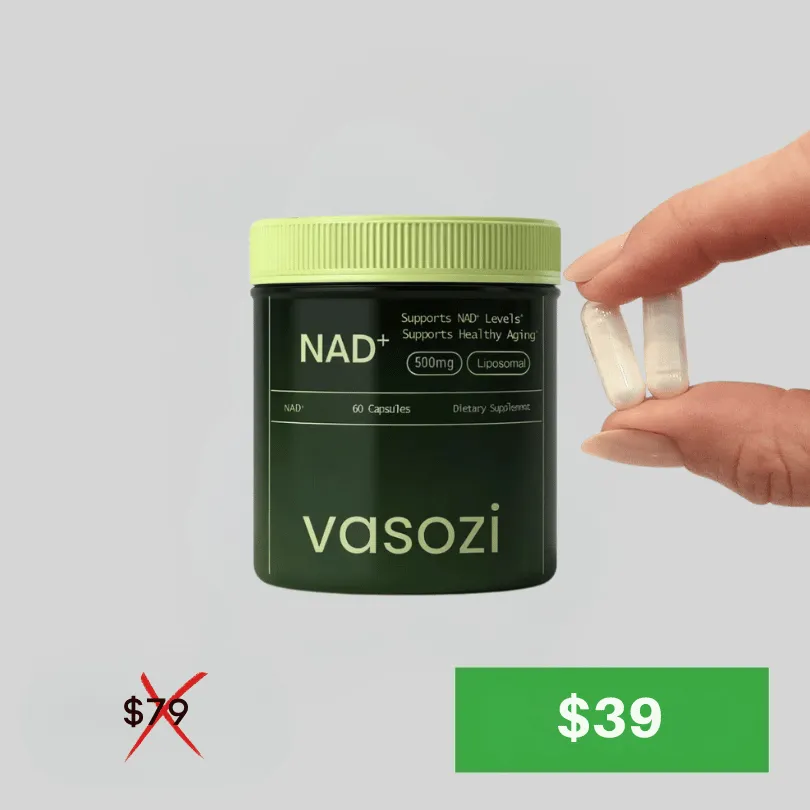 Price comparison showing $79 original price crossed out and $39 discount price, with the Vasozi NAD+ bottle and a single capsule in hand