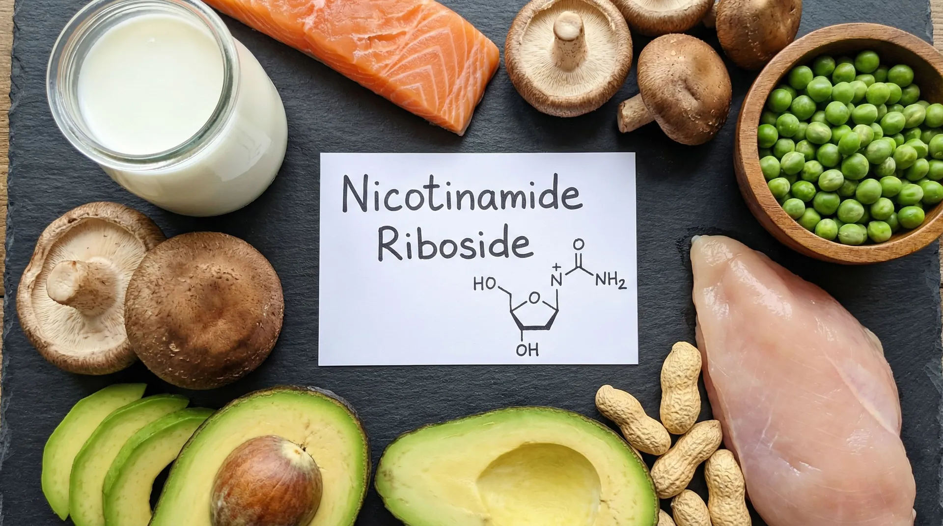 Nicotinamide Riboside molecular structure surrounded by NR-rich foods including salmon, mushrooms, milk, and avocado
