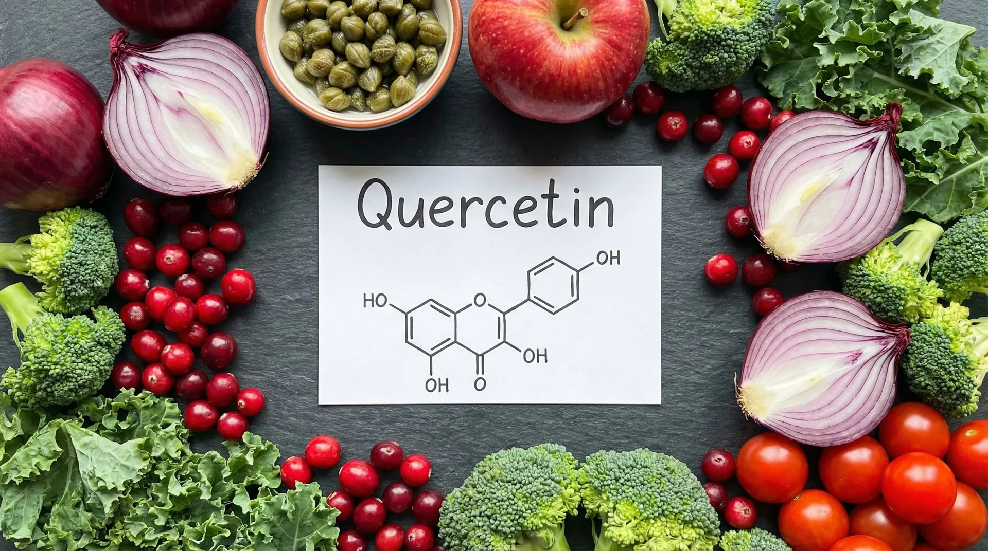 Quercetin molecular structure surrounded by quercetin-rich foods including red onion, capers, broccoli, and cranberries