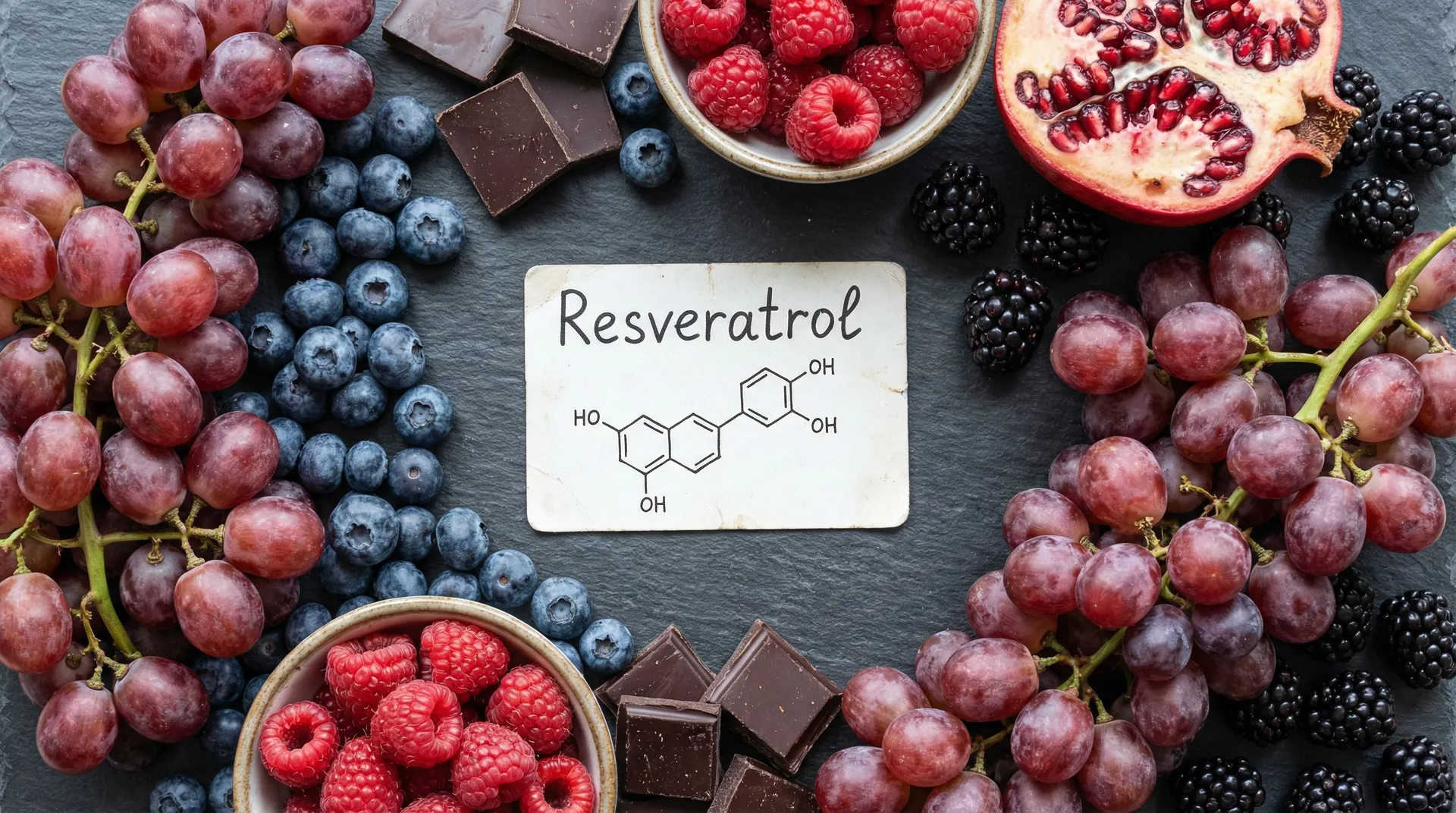 Resveratrol molecular structure surrounded by resveratrol-rich foods including red grapes, blueberries, dark chocolate, and pomegranate