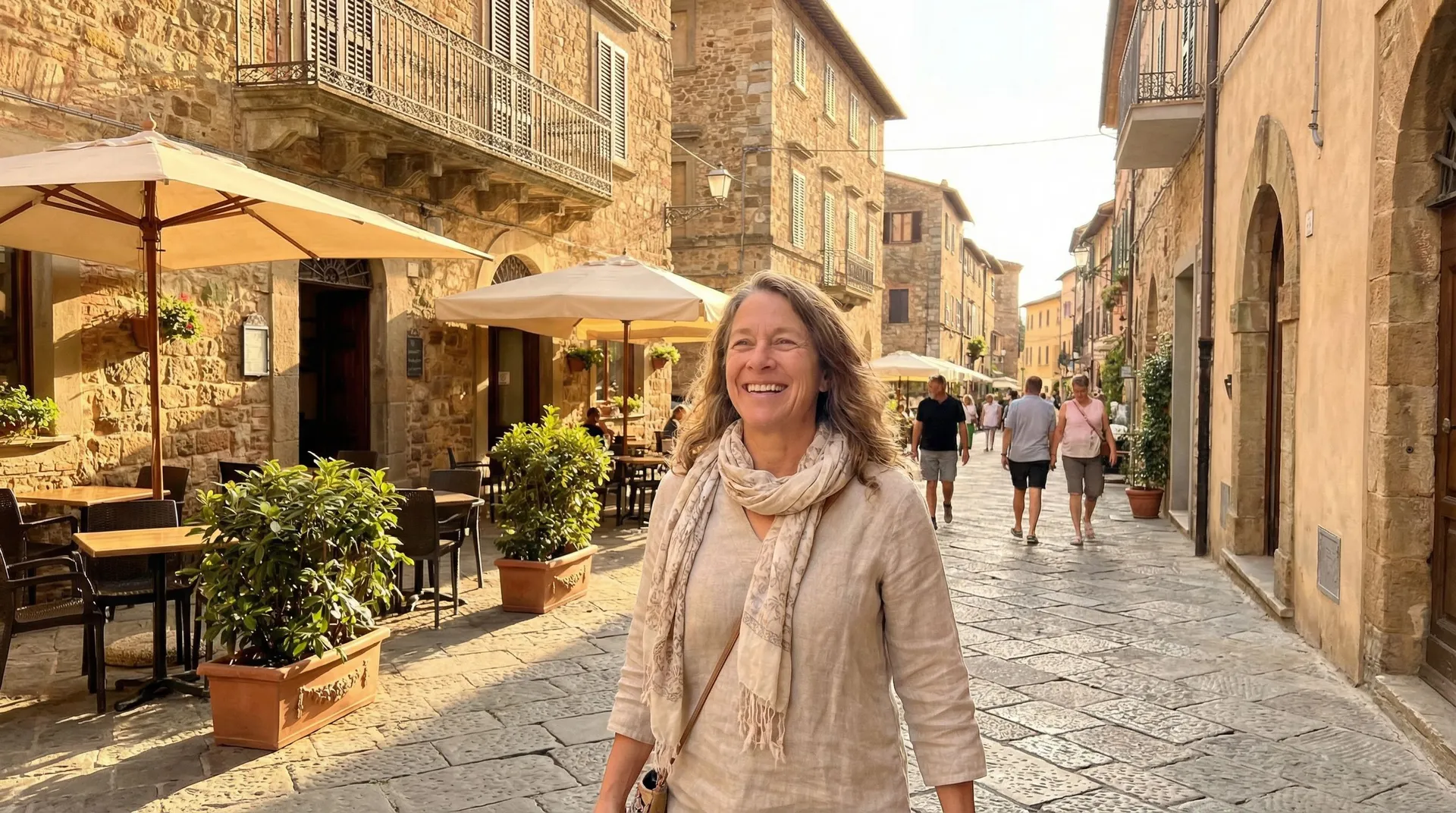 Woman smiling on a cobblestone street in Italy, standing in front of outdoor cafes and warm stone buildings