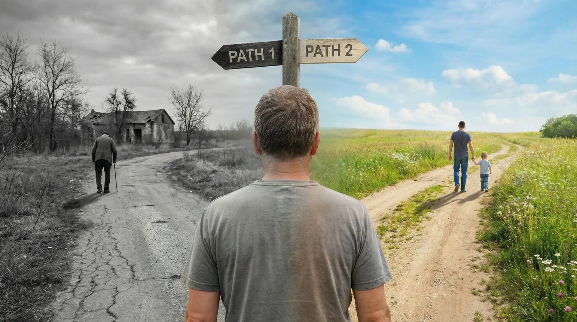 A man standing at a fork in the road choosing between two paths — one leading to decline, the other to an active life