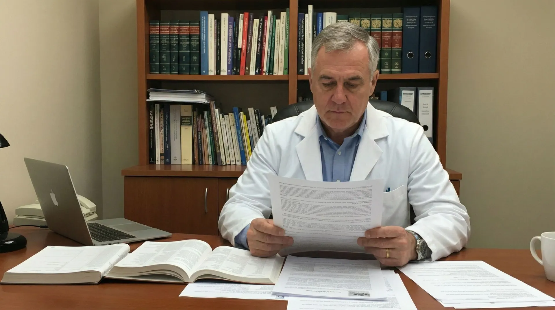 Doctor at desk late at night reading medical research papers