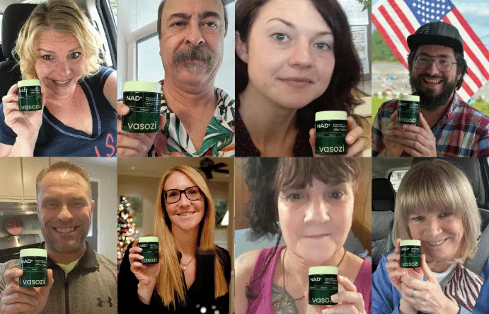Eight-panel grid of real customers holding the Vasozi NAD+ bottle