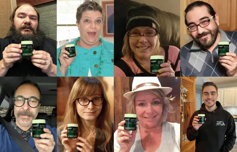 Second eight-panel grid of real customers holding the Vasozi NAD+ bottle